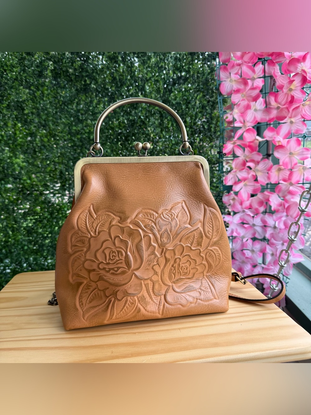 Patricia Nash Tan Leather Tooled Rose Floral Frame Satchel Crossbody Bag